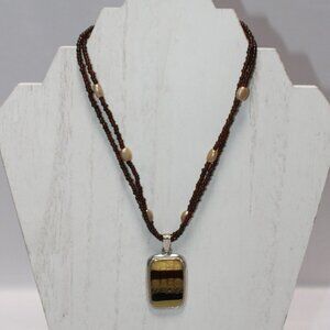 Kenneth Cole Sterling Silver Enamel Pendant wBeaded Amber Dual Strand Necklace